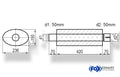 Fox Uni-Schalldämpfer oval mit Stutzen - Abwicklung 618 236x150mm, d1Ø 50mm  d2Ø 50,5mm, Länge: 420mm
