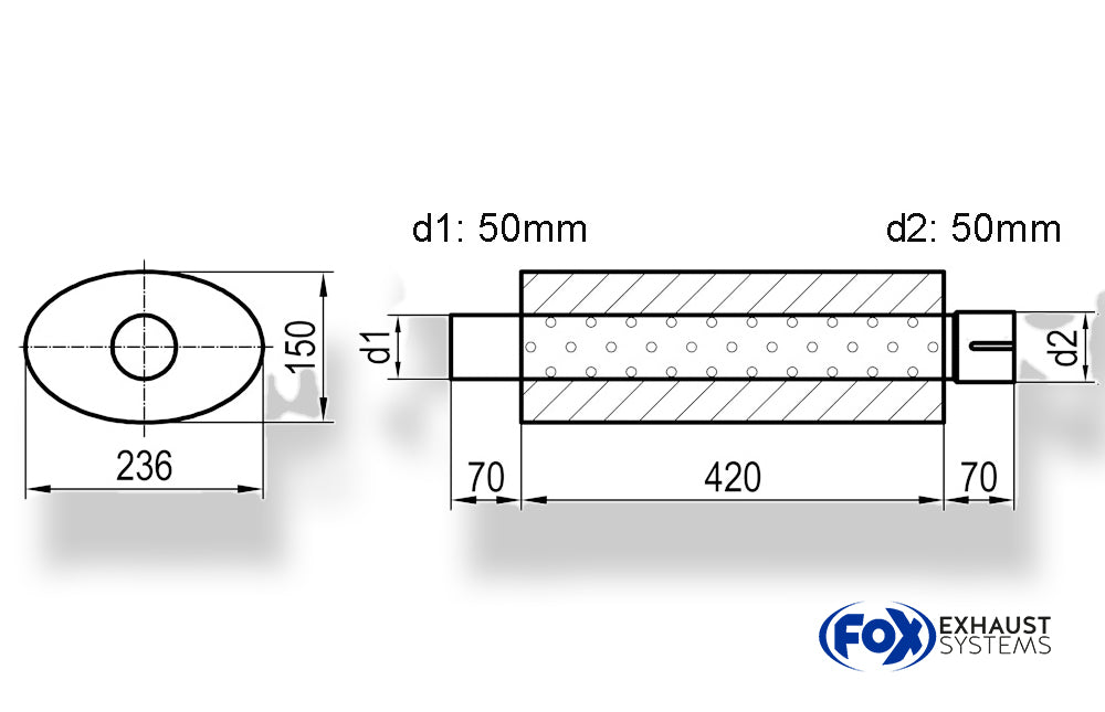 Fox Uni-Schalldämpfer oval mit Stutzen - Abwicklung 618 236x150mm, d1Ø 50mm  d2Ø 50,5mm, Länge: 420mm