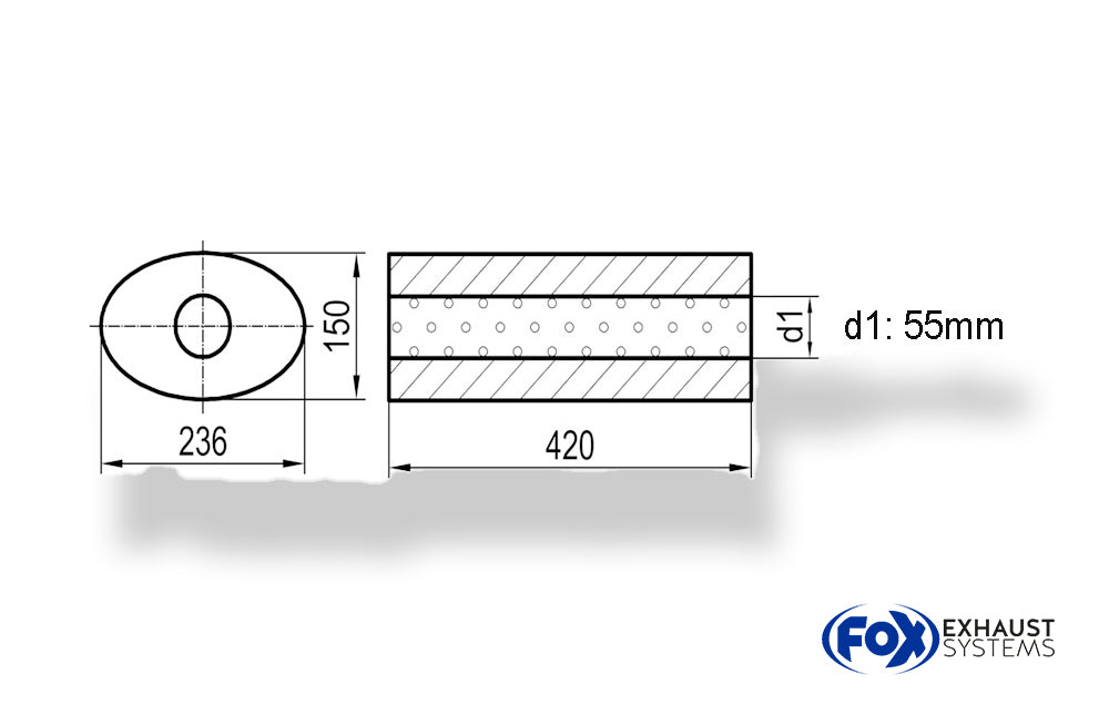 Fox Uni-Schalldämpfer oval ohne Stutzen - Abwicklung 618 236x150mm, d1Ø 55mm, Länge: 420mm
