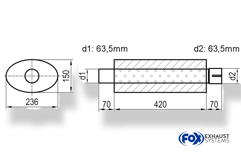 Fox Uni-Schalldämpfer oval mit Stutzen - Abwicklung 618 236x150mm, d1Ø 63,5mm  d2Ø 64mm, Länge: 420mm