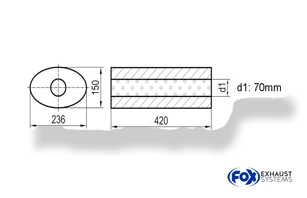 Fox Uni-Schalldämpfer oval ohne Stutzen - Abwicklung 618 236x150mm, d1Ø 70mm, Länge: 420mm