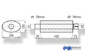 Fox Uni-Schalldämpfer oval mit Stutzen - Abwicklung 618 236x150mm, d1Ø 76mm  d2Ø 76,5mm, Länge: 420mm
