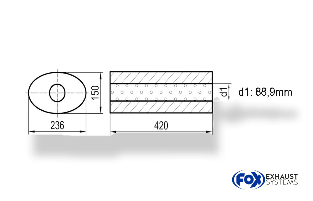 Fox Uni-Schalldämpfer oval ohne Stutzen - Abwicklung 618 236x150mm, d1Ø 88,9mm außen, Länge: 420mm