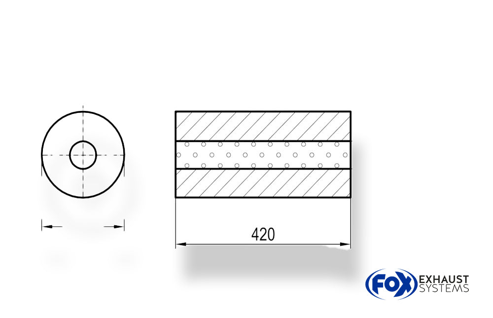FoxUni-Schalldämpfer rund ohne Stutzen - Abwicklung 626 Ø 198mm, d1Ø 101,6mm, Länge: 420mm -Ø 198mm
