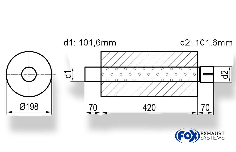 FoxUni-Schalldämpfer rund mit Stutzen - Abwicklung 626 Ø 198mm, d1Ø 101,6mm  d2Ø 101,6mm, Länge: 420mm