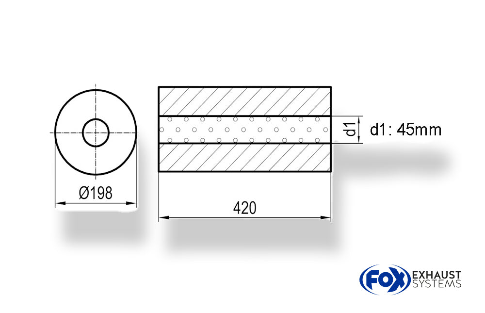 FoxUni-Schalldämpfer rund ohne Stutzen - Abwicklung 626 Ø 198mm, d1Ø 45mm, Länge: 420mm -Ø 198mm