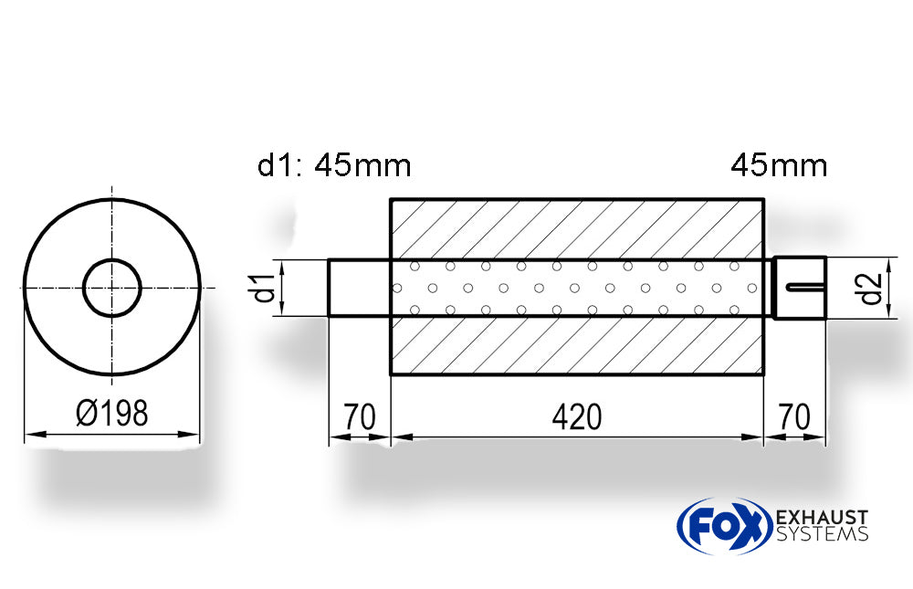 FoxUni-Schalldämpfer rund mit Stutzen - Abwicklung 626 Ø 198mm, d1Ø 45mm  d2Ø 45,5mm, Länge: 420mm