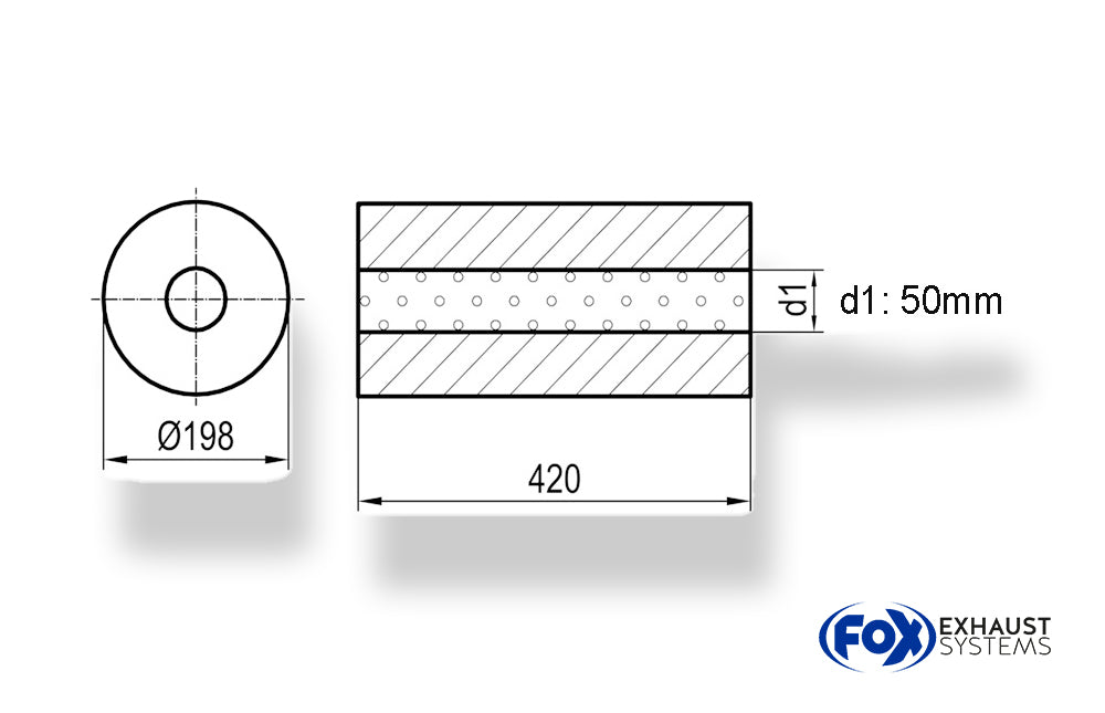 FoxUni-Schalldämpfer rund ohne Stutzen - Abwicklung 626 Ø 198mm, d1Ø 50mm, Länge: 420mm -Ø 198mm
