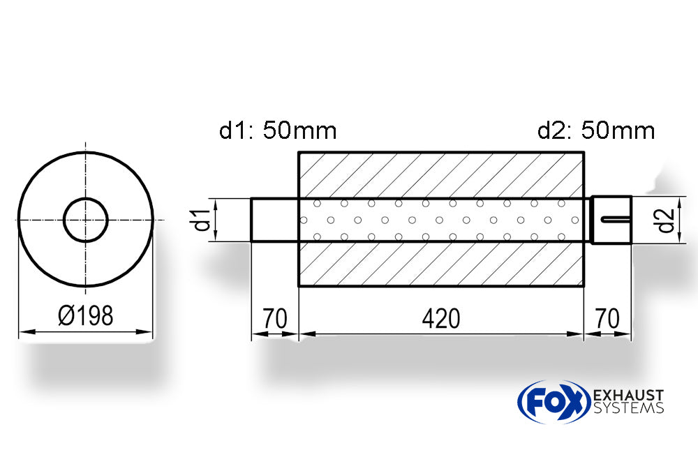 FoxUni-Schalldämpfer rund mit Stutzen - Abwicklung 626 Ø 198mm, d1Ø 50mm  d2Ø 50,5mm, Länge: 420mm