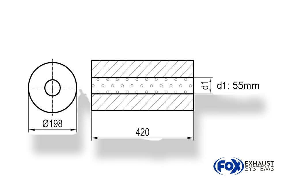FoxUni-Schalldämpfer rund ohne Stutzen - Abwicklung 626 Ø 198mm, d1Ø 55mm, Länge: 420mm -Ø 198mm