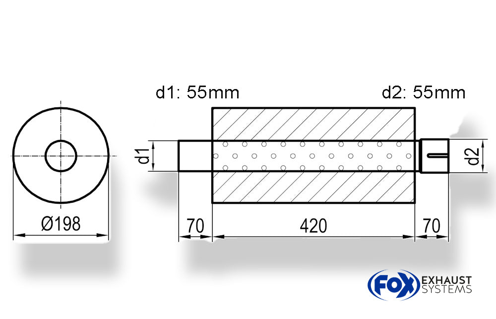 FoxUni-Schalldämpfer rund mit Stutzen - Abwicklung 626 Ø 198mm, d1Ø 55mm  d2Ø 55,5mm, Länge: 420mm