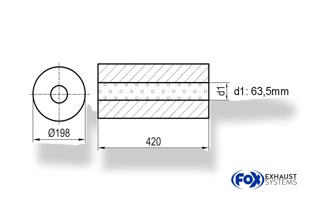 FoxUni-Schalldämpfer rund ohne Stutzen - Abwicklung 626 Ø 198mm, d1Ø 63,5mm, Länge: 420mm -Ø 198mm
