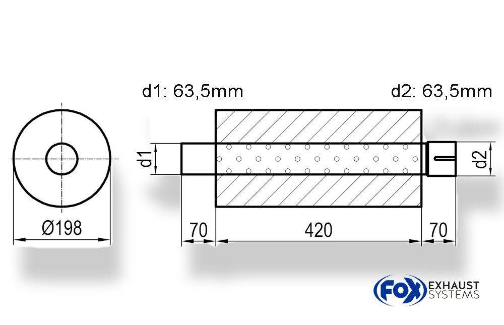 FoxUni-Schalldämpfer rund mit Stutzen - Abwicklung 626 Ø 198mm, d1Ø 63,5mm  d2Ø 64mm, Länge: 420mm