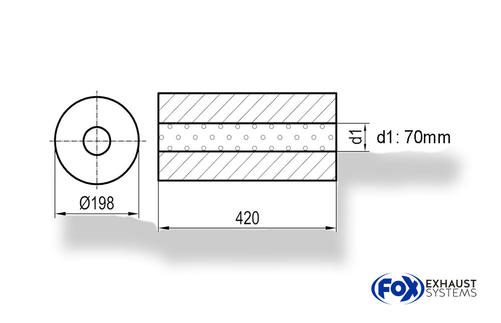 FoxUni-Schalldämpfer rund ohne Stutzen - Abwicklung 626 Ø 198mm, d1Ø 70mm, Länge: 420mm -Ø 198mm