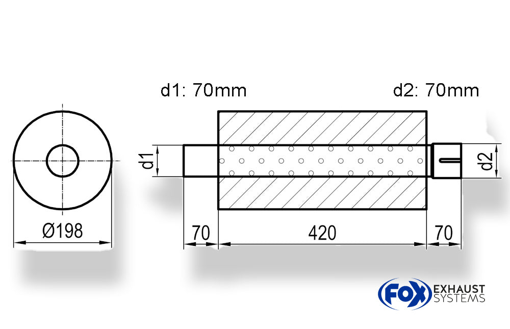 FoxUni-Schalldämpfer rund mit Stutzen - Abwicklung 626 Ø 198mm, d1Ø 70mm  d2Ø 70,5mm, Länge: 420mm