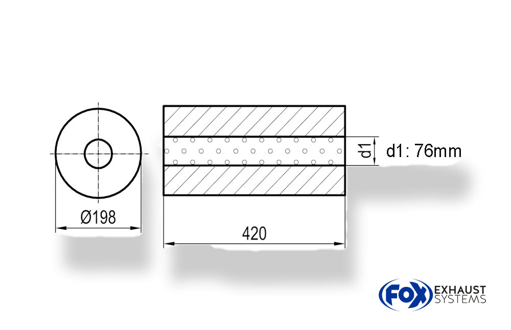 FoxUni-Schalldämpfer rund ohne Stutzen - Abwicklung 626 Ø 198mm, d1Ø 76mm, Länge: 420mm -Ø 198mm