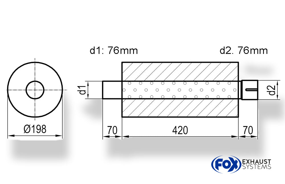 FoxUni-Schalldämpfer rund mit Stutzen - Abwicklung 626 Ø 198mm, d1Ø 76mm  d2Ø 76,5mm, Länge: 420mm