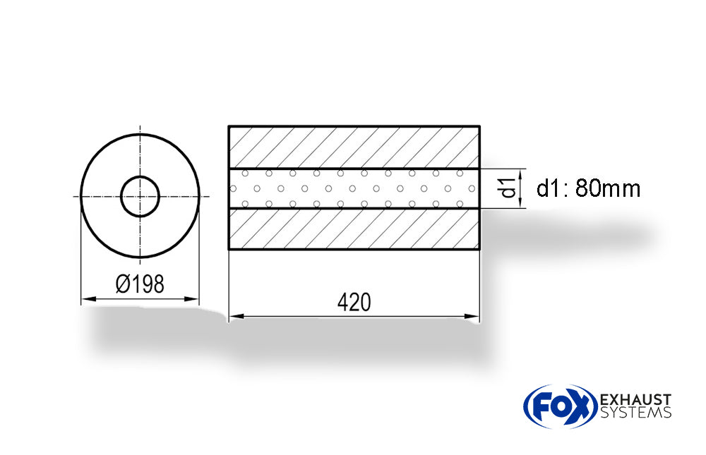 FoxUni-Schalldämpfer rund ohne Stutzen - Abwicklung 626 Ø 198mm, d1Ø 80mm, Länge: 420mm -Ø 198mm