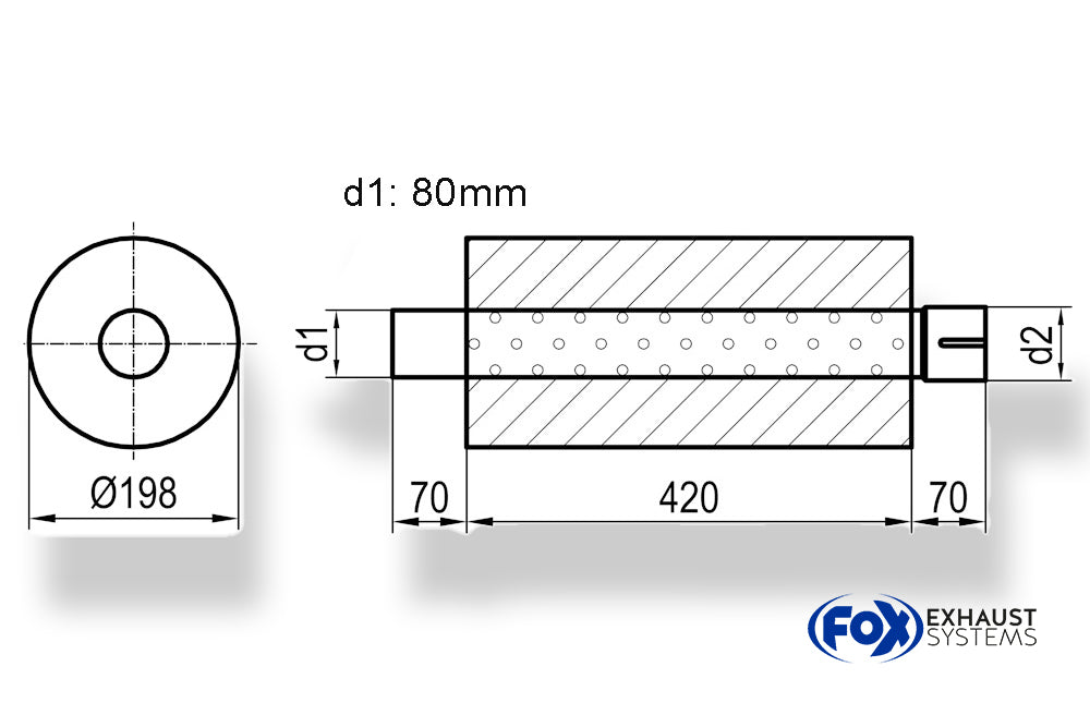 FoxUni-Schalldämpfer rund mit Stutzen - Abwicklung 626 Ø 198mm, d1Ø 80mm  d2Ø 80,5mm, Länge: 420mm