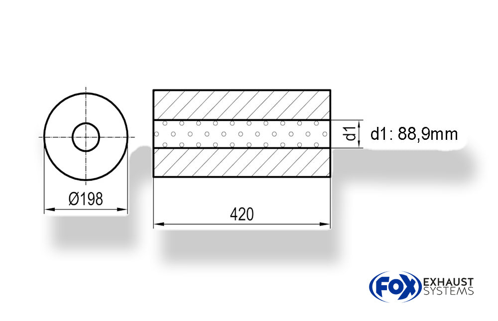 FoxUni-Schalldämpfer rund ohne Stutzen - Abwicklung 626 Ø 198mm, d1Ø 88,9mm, Länge: 420mm -Ø 198mm