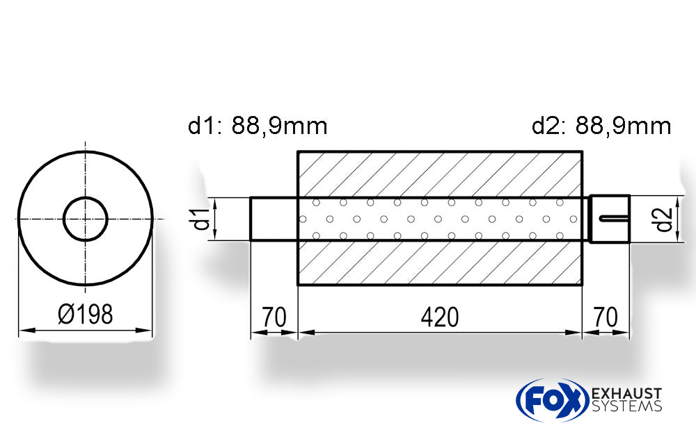 FoxUni-Schalldämpfer rund mit Stutzen - Abwicklung 626 Ø 198mm, d1Ø 88,9mm  d2Ø 88,9mm, Länge: 420mm