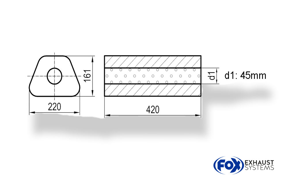 Fox Uni-Schalldämpfer Trapezoid ohne Stutzen - Abwicklung 644 220x161mm, d1Ø 45mm, Länge: 420mm