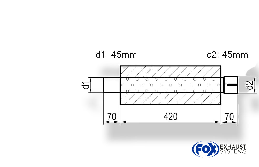 Fox Uni-Schalldämpfer Trapezoid mit Stutzen - Abwicklung 644 220x161mm, d1Ø 45mm  d2Ø 45,5mm, Länge: 420mm