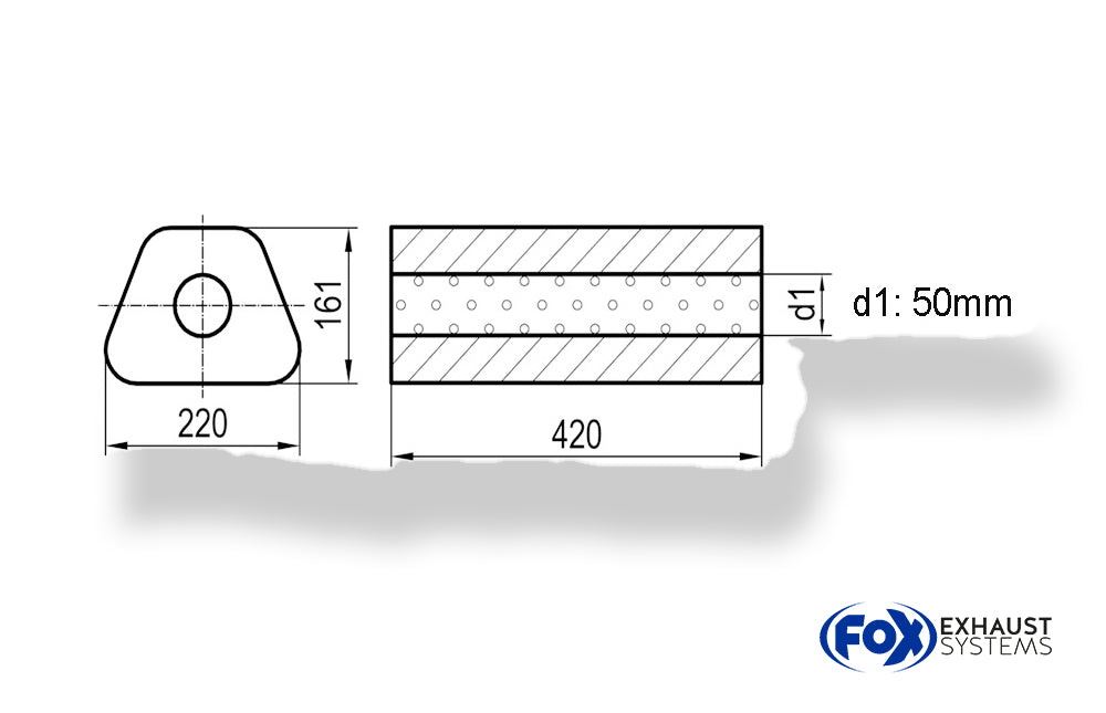 Fox Uni-Schalldämpfer Trapezoid ohne Stutzen - Abwicklung 644 220x161mm, d1Ø 50mm, Länge: 420mm
