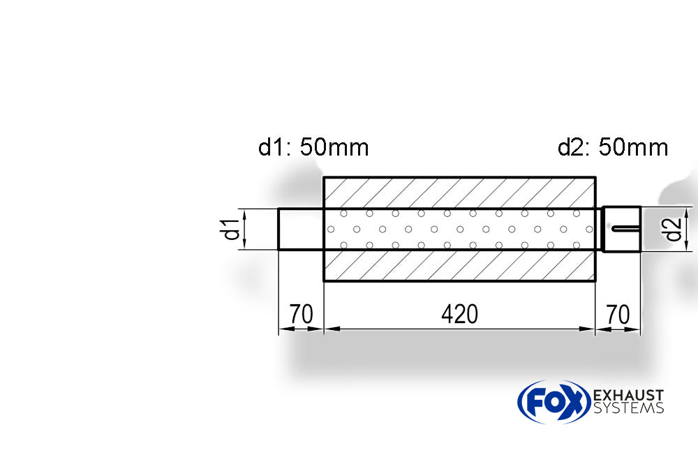 Fox Uni-Schalldämpfer Trapezoid mit Stutzen - Abwicklung 644 220x161mm, d1Ø 50mm  d2Ø 50,5mm, Länge: 420mm