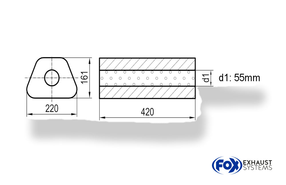 Fox Uni-Schalldämpfer Trapezoid ohne Stutzen - Abwicklung 644 220x161mm, d1Ø 55mm, Länge: 420mm