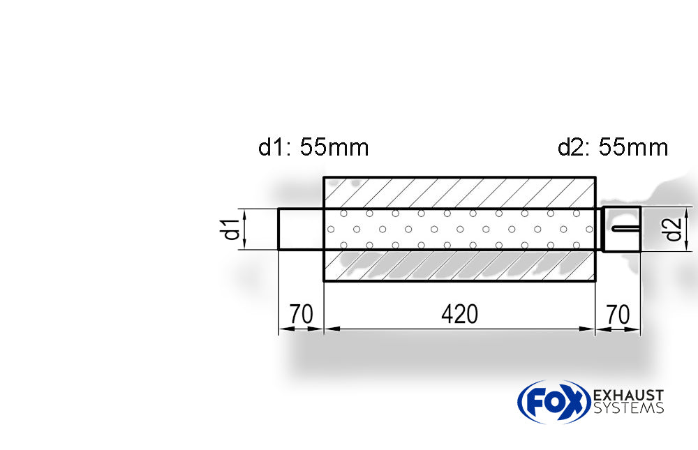 Fox Uni-Schalldämpfer Trapezoid mit Stutzen - Abwicklung 644 220x161mm, d1Ø 55mm  d2Ø 55,5mm, Länge: 420mm