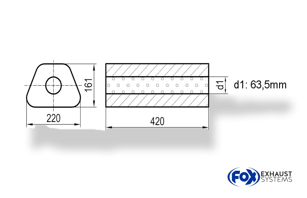 Fox Uni-Schalldämpfer Trapezoid ohne Stutzen - Abwicklung 644 220x161mm, d1Ø 63,5mm, Länge: 420mm