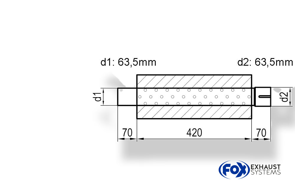 Fox Uni-Schalldämpfer Trapezoid mit Stutzen - Abwicklung 644 220x161mm, d1Ø 63,5mm  d2Ø 64mm, Länge: 420mm
