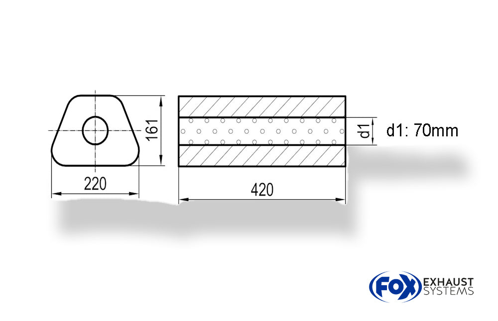Fox Uni-Schalldämpfer Trapezoid ohne Stutzen - Abwicklung 644 220x161mm, d1Ø 70mm, Länge: 420mm