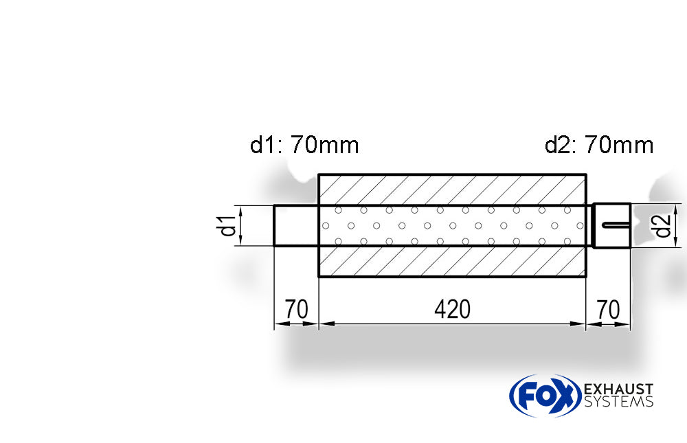 Fox Uni-Schalldämpfer Trapezoid mit Stutzen - Abwicklung 644 220x161mm, d1Ø 70mm  d2Ø 70,5mm, Länge: 420mm