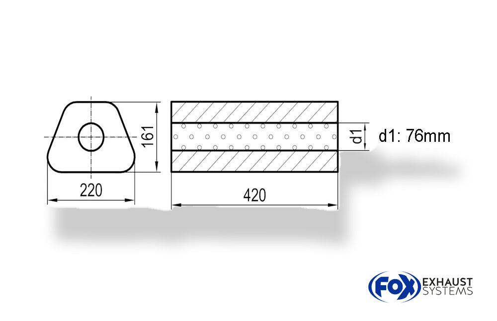 Fox Uni-Schalldämpfer Trapezoid ohne Stutzen - Abwicklung 644 220x161mm, d1Ø 76mm, Länge: 420mm