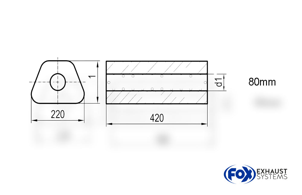 Fox Uni-Schalldämpfer Trapezoid ohne Stutzen - Abwicklung 644 220x161mm, d1Ø 80mm, Länge: 420mm