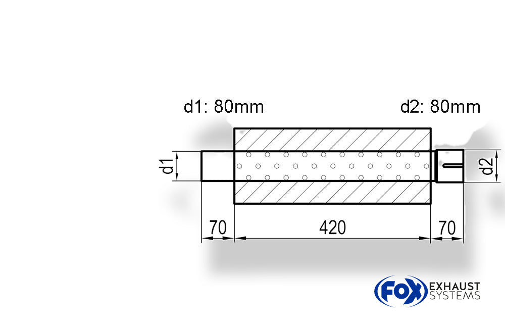 Fox Uni-Schalldämpfer Trapezoid mit Stutzen - Abwicklung 644 220x161mm, d1Ø 80mm  d2Ø 80mm, Länge: 420mm