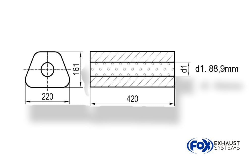 Fox Uni-Schalldämpfer Trapezoid ohne Stutzen - Abwicklung 644 220x161mm, d1Ø 88,9mm, Länge: 420mm