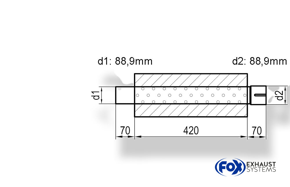 Fox Uni-Schalldämpfer Trapezoid mit Stutzen - Abwicklung 644 220x161mm, d1Ø 88,9mm  d2Ø 88,9mm, Länge: 420mm