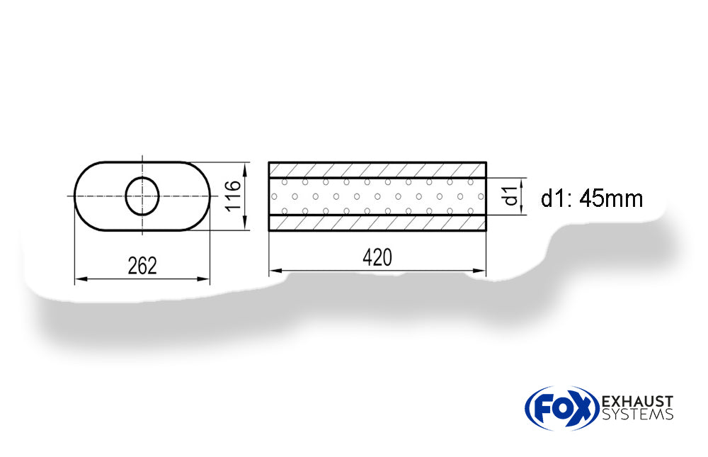Fox Uni-Schalldämpfer oval ohne Stutzen - Abwicklung 650 262x116mm, d1Ø 45mm, Länge: 420mm