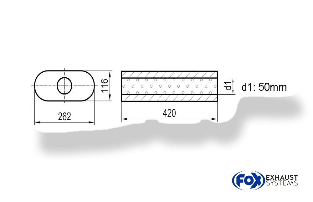Fox Uni-Schalldämpfer oval ohne Stutzen - Abwicklung 650 262x116mm, d1Ø 50mm, Länge: 420mm