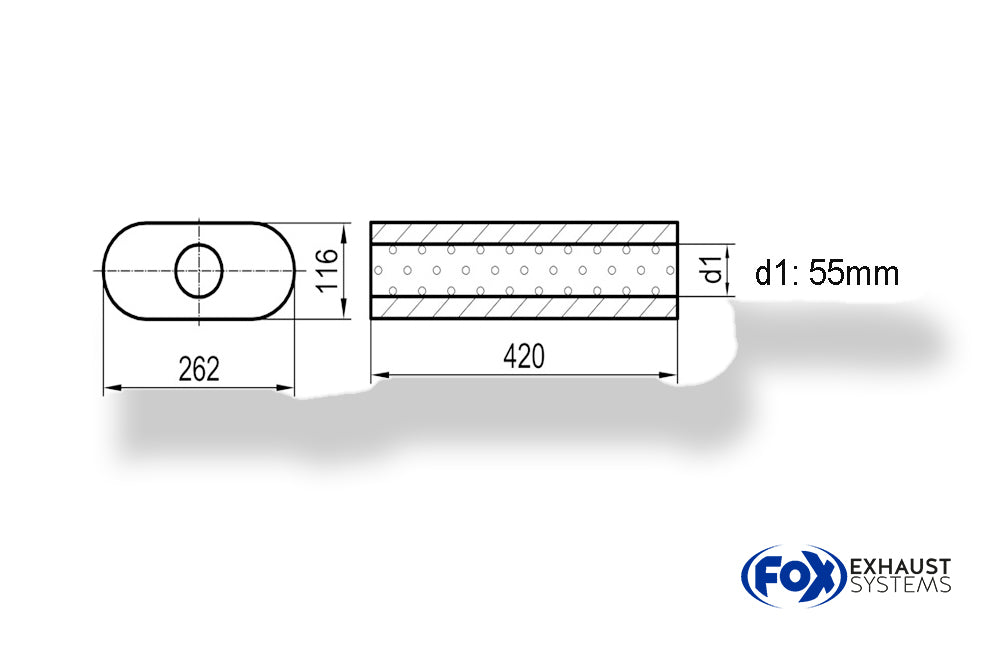 Fox Uni-Schalldämpfer oval ohne Stutzen - Abwicklung 650 262x116mm, d1Ø 55mm, Länge: 420mm