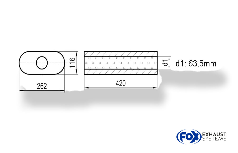 Fox Uni-Schalldämpfer oval ohne Stutzen - Abwicklung 650 262x116mm, d1Ø 63,5mm, Länge: 420mm