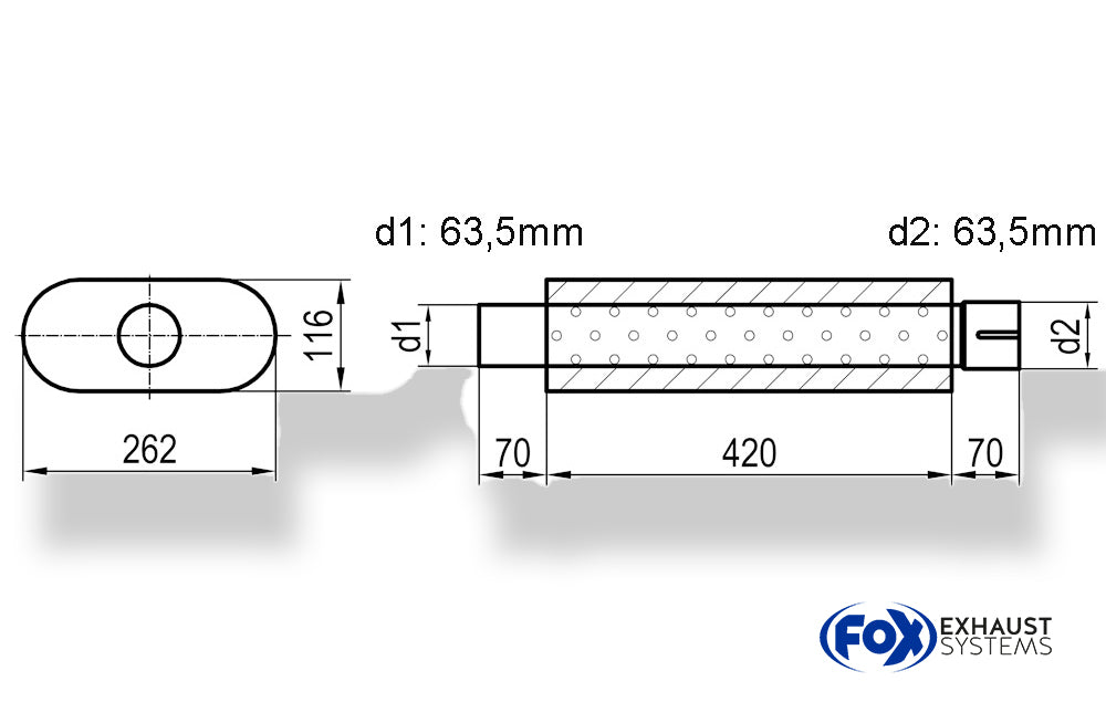 Fox Uni-Schalldämpfer oval mit Stutzen - Abwicklung 650 262x116mm, d1Ø 63,5mm  d2Ø 64mm, Länge: 420mm