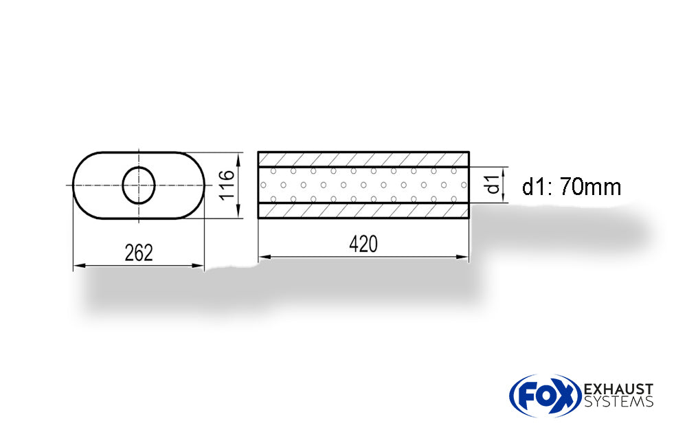 Fox Uni-Schalldämpfer oval ohne Stutzen - Abwicklung 650 262x116mm, d1Ø 70mm, Länge: 420mm