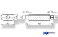 Fox Uni-Schalldämpfer oval mit Stutzen - Abwicklung 650 262x116mm, d1Ø 70mm  d2Ø 70,5mm, Länge: 420mm