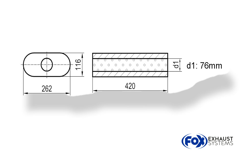 Fox Uni-Schalldämpfer oval ohne Stutzen - Abwicklung 650 262x116mm, d1Ø 76mm, Länge: 420mm