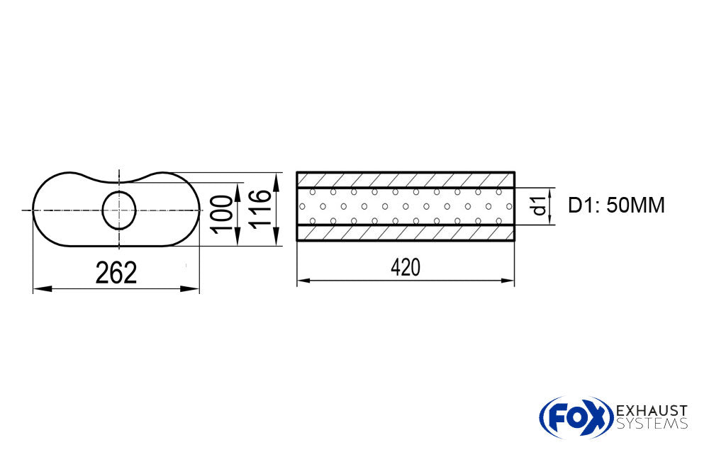 Fox Uni-Schalldämpfer oval ohne Stutzen - Abwicklung 655 262x116mm, d1Ø 50mm, Länge: 420mm