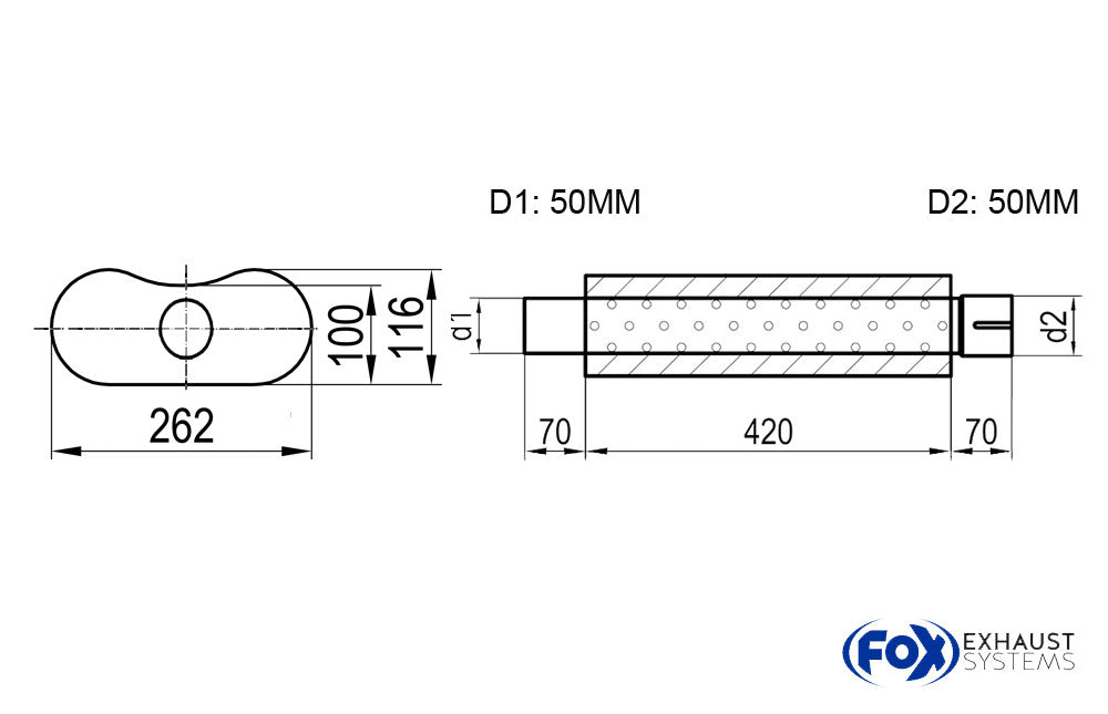 Fox Uni-Schalldämpfer oval mit Stutzen - Abwicklung 655 262x116mm, d1Ø 50mm außen - d2Ø 50mm innen , Länge: 420mm